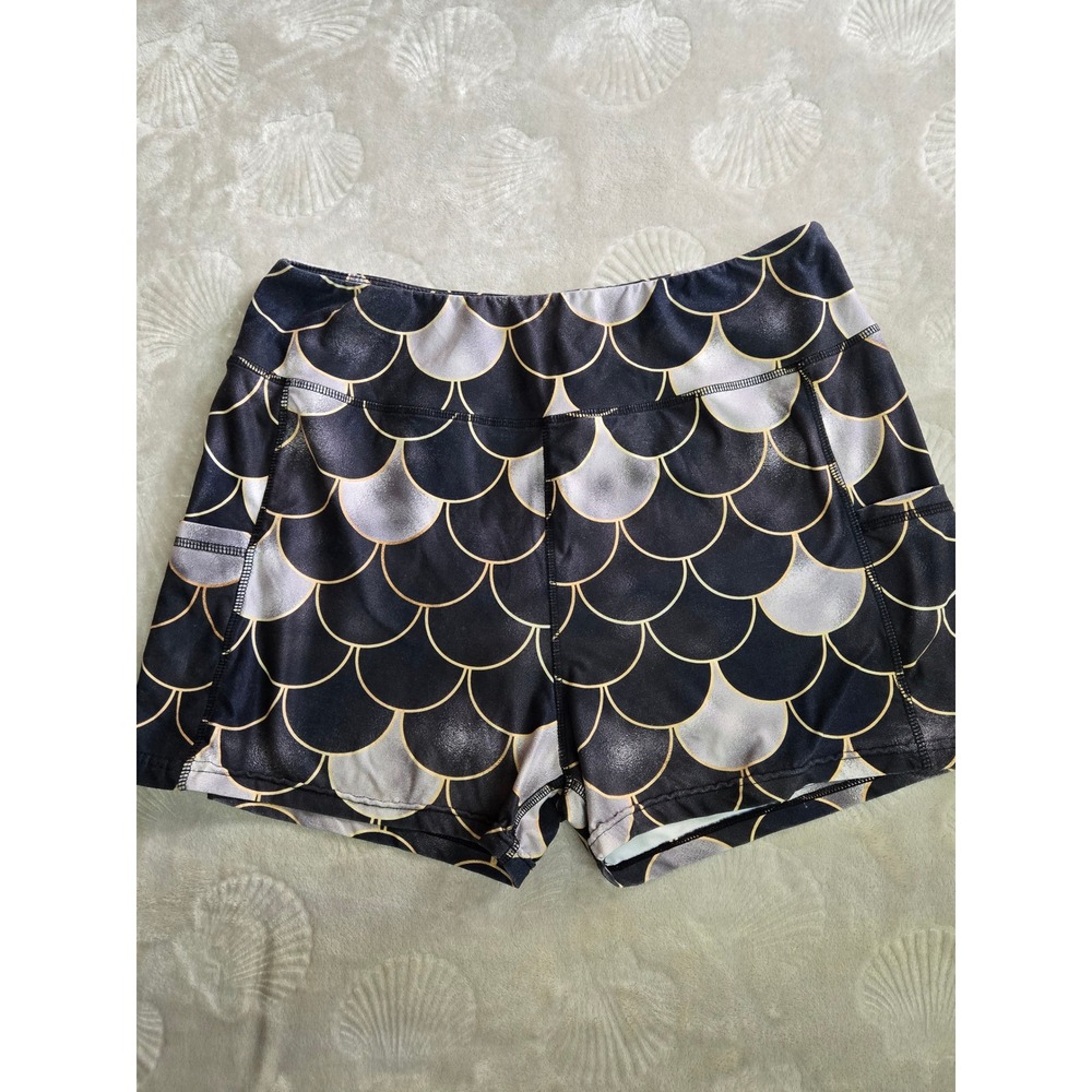 MyLaLa Leggings Curvy Mermaid Scale Athletic Shorts Black Gold Silver Pockets